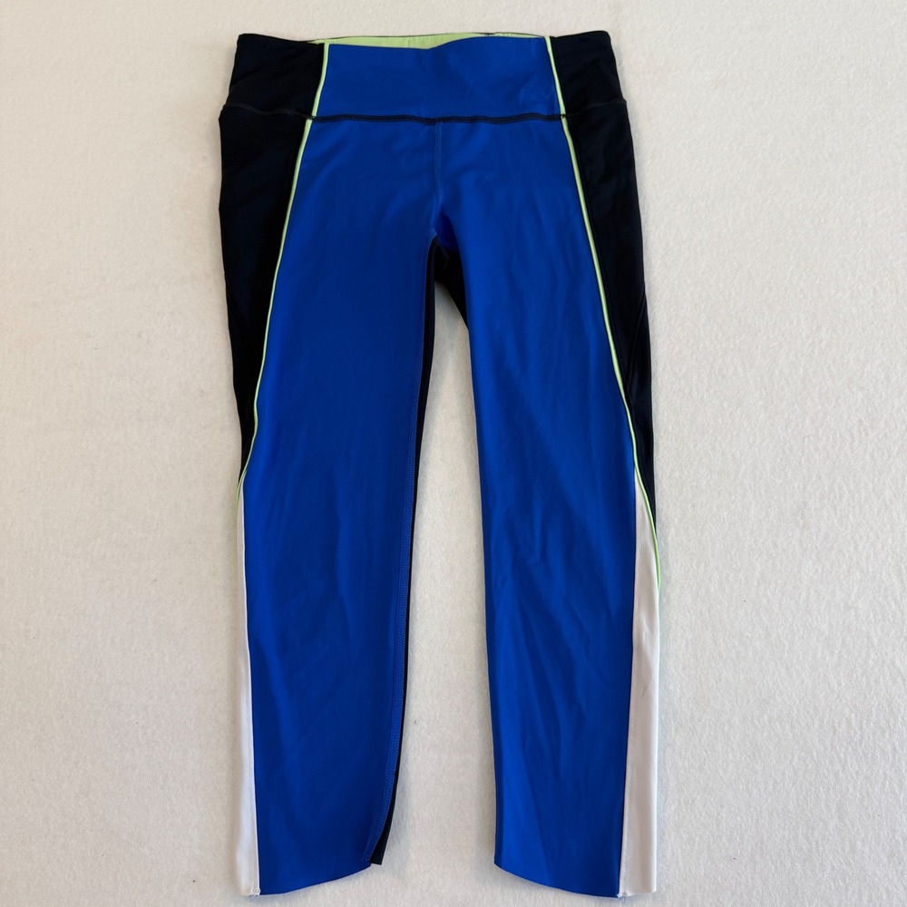 Athleta Velocity Colorblock Capri Women Size S Blue Black Neon Green Leggings